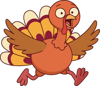 A funny cartoon illustration of a happy thanksgiving turkey running away in a panic isolated on white background