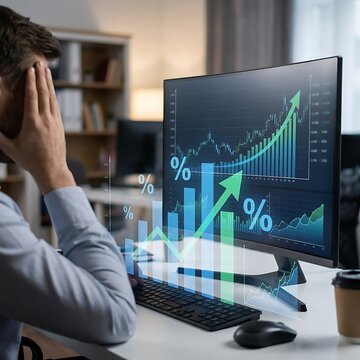 Stressed businessman covers face while analyzing declining investment charts on computer.