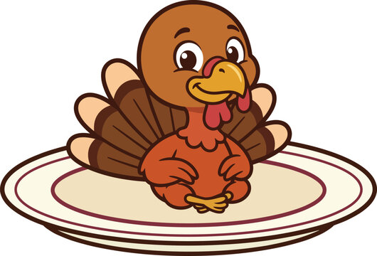A cute cartoon happy thanksgiving turkey sitting on a dinner plate ready for the holiday autumn harvest celebration
