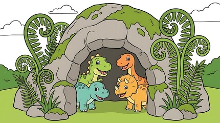 Obraz premium Cute baby dinosaurs exploring a stone cave in a prehistoric jungle landscape illustration.