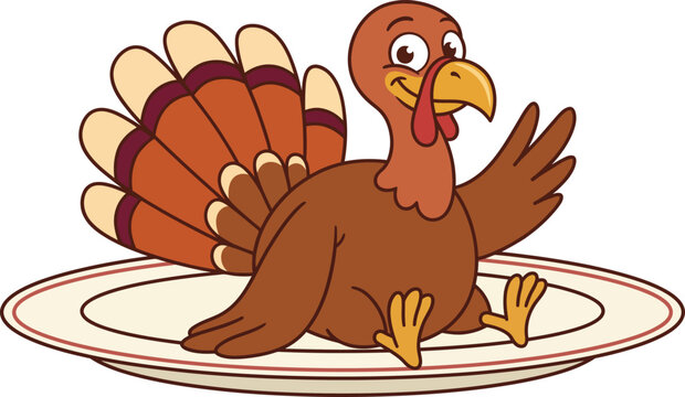 A cute cartoon happy thanksgiving turkey sitting on a dinner plate isolated on a clean white background illustration