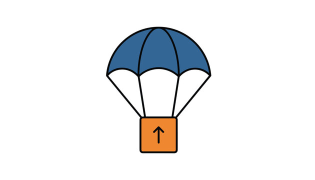 Delivery box hanging on a blue parachute moving upwards showing shipping and fast postal logistics concept illustration.