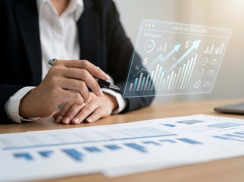 Businesswoman pointing pen at financial indicators showing ROI margin growth trend curves.