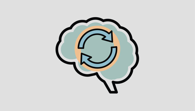 Concept of mental reload and brain update showing human brain with circular synchronization arrows inside.