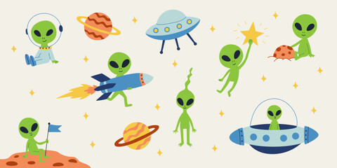 Cute alien space adventure collection. Green extraterrestrials, UFOs and planets vector illustrations © Anastasiia