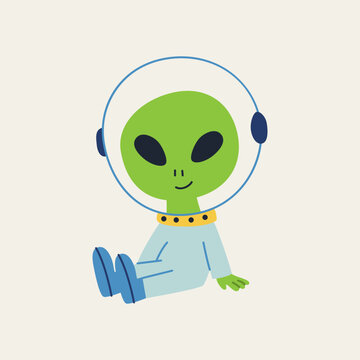 Green alien astronaut in space helmet. Adorable extraterrestrial vector character