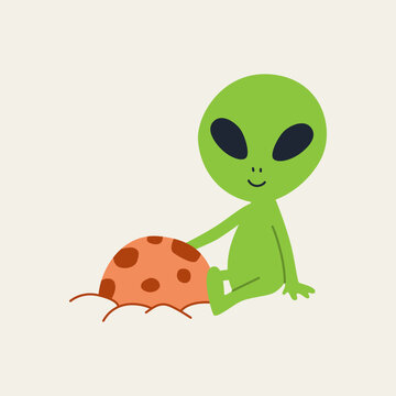 A green alien sitting next to a planet. A fantasy vector character from outer space