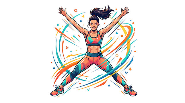 Athletic woman performing jumping jacks with colorful abstract motion lines