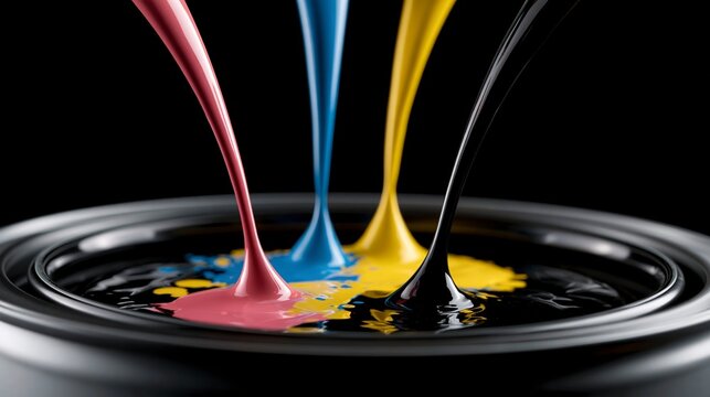 Cuatro chorros de tinta, de los colores CMYK, caen en un bote de pintura formando el color negro
