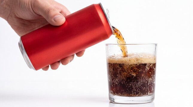 Hand pouring dark sparkling carbonated beverage from blank red aluminum can into glass on white background
