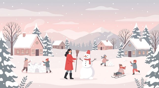 Winter village scene with people building a snowman and playing in the snow covered landscape