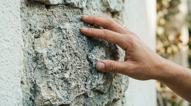 Close-Up of Person Touching Rough Stone Wall Outdoors