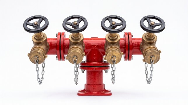 Industrial red fire hydrant manifold featuring brass valves and metal chains shown on white background