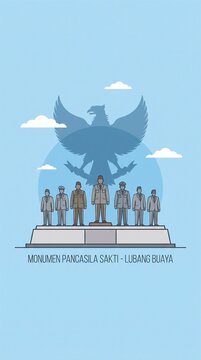 Stylized vector illustration of Monumen Pancasila Sakti at Lubang Buaya, Jakarta, Indonesia, featuring historical figures beneath a large Garuda silhouette against a blue sky with clouds.