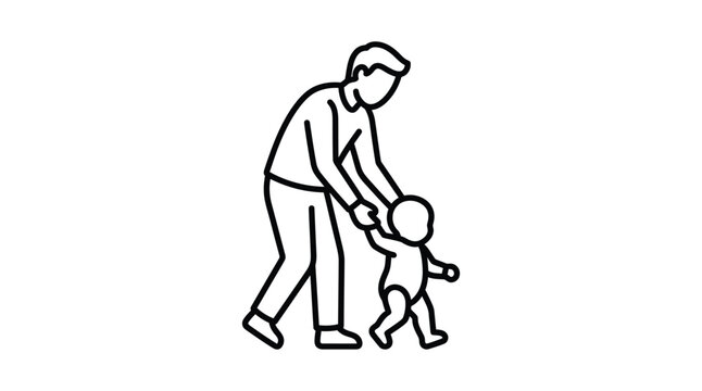 Father assisting toddler walking linear style illustration on white background