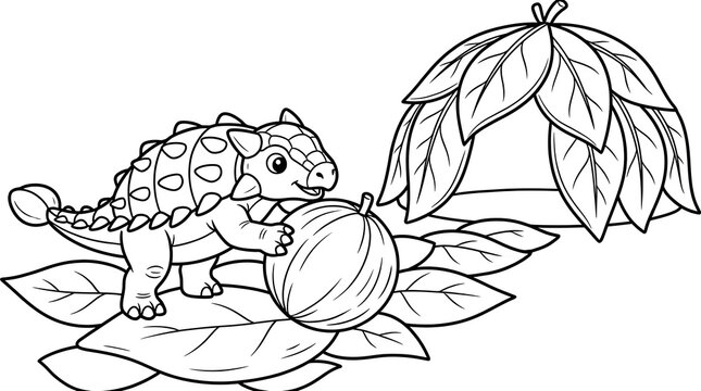 Cute cartoon armadillo pushing a large seed toward a leaf hut for coloring page activity.