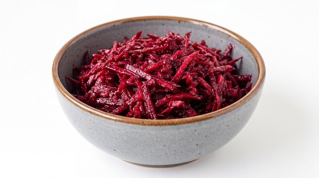 Shredded fresh organic beet salad served inside a rustic grey ceramic bowl on white background