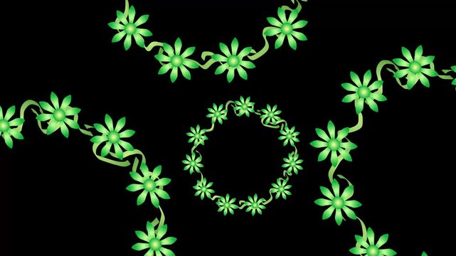 Beautiful green vine wreaths rotating in circles on black background, Circular pattern leaf vines decoration, Cute floral fines, 2d animation, Floral animation, Decorative nature motion graphic loop