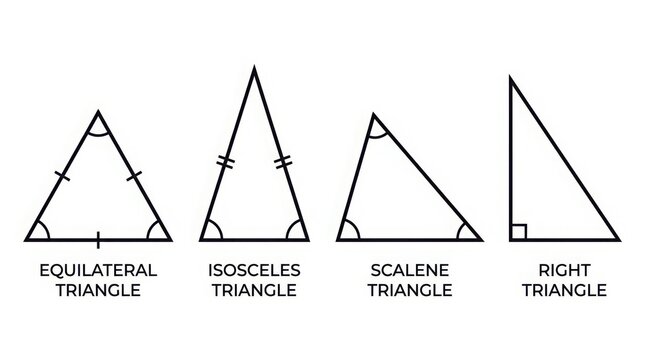 Educational illustration showing different types of triangles with labels and geometric lines