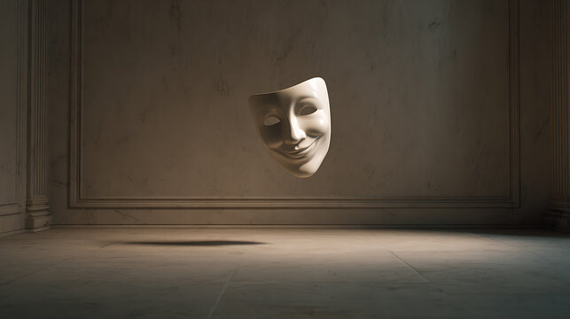 Mental health concept featuring a floating theatrical mask in an empty room, symbolizing hidden emotions, emotional suppression, identity, anxiety, isolation, inner conflict, and distress