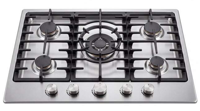 Modern stainless steel gas hob featuring five burners and sturdy iron grates on white background