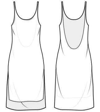 Sleeveless Satin Slip dress design flat sketch fashion illustration with front and back view, v neck Lace night dress cad drawing vector template