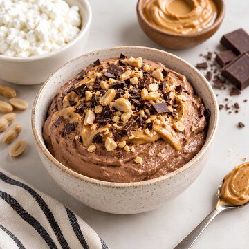 Chocolate Peanut Butter Cottage Cheese Mousse with Chopped Peanuts and Dark Chocolate