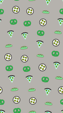Cartoon food pattern with pizza, pretzels, and bread