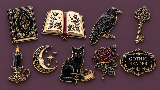 Gothic reader pin badge collection featuring dark bookish designs for readers, literature lovers, Etsy shops, gifts and alternative merchandise.