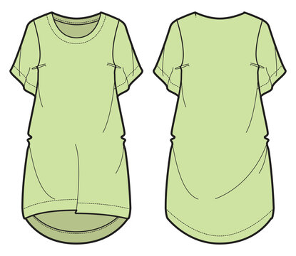 Women Shift dress design flat sketch fashion illustration with front and back view, Short sleeve round neck shift dress cad drawing vector template