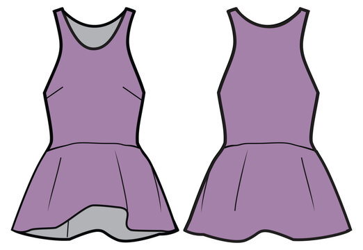 Women sleeveless  cocktail frock peplum dress design flat sketch fashion illustration with front and back view, Peplum tank dress gown  vector template
