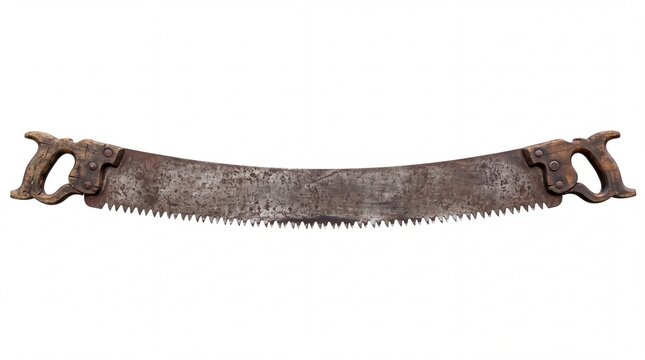Vintage rusty two man crosscut logging saw with wooden handles captured horizontally on white background