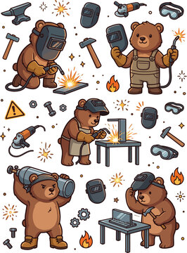 Brown bear welder character set working with metalwork equipment.