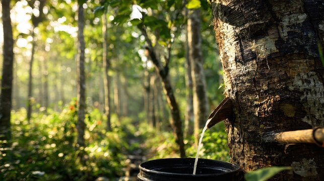 Latex sap dripping from a rubber tree into a collection bucket at dawn. Natural sustainable rubber.