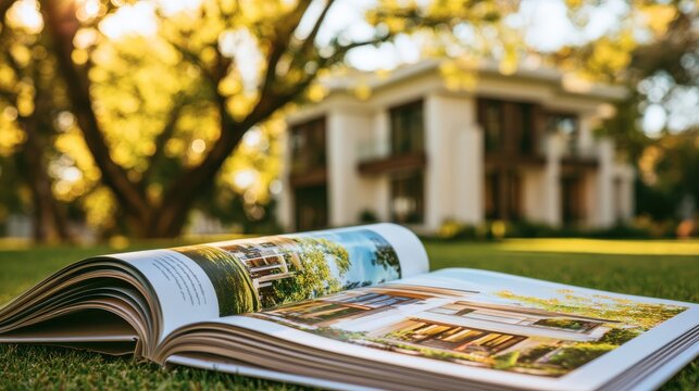 An open real estate magazine rests on lush green grass with a blurred luxury house behind. Ideal for.