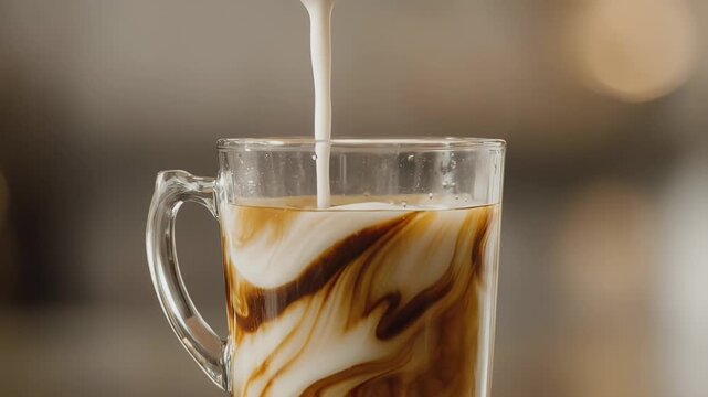 Cream being poured into a glass mug of coffee creating swirls.