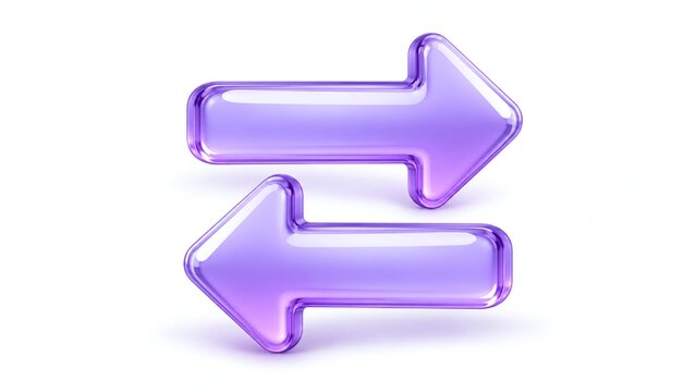 Glossy purple 3D exchange arrows icon representing direction, navigation, reversal, transfer, and data synchronization concepts