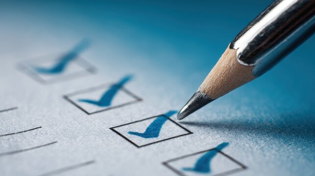 A close-up of a pencil marking a blue checkbox on a survey paper. Perfect for business productivity and task.