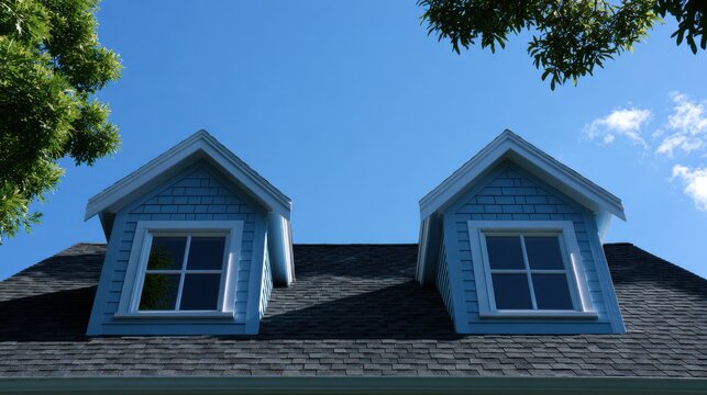 Blue house dormers with dark roof shingles under a clear blue sky. Ideal for real estate and residential.