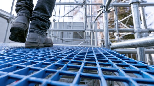 A worker walking on blue metal grating stairs of scaffolding at a construction site. Safety concept for.