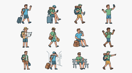 Fototapeta premium Clean Illustrated Set of 12 Traveler Icons Showing Various Scenarios with Backpacks Suitcases and Smartphones