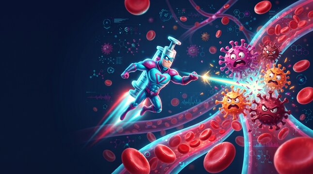 Dynamic Comic Toon Syringe Hero Battling Virus Cells Healthcare Immunization and Medical Science Concept