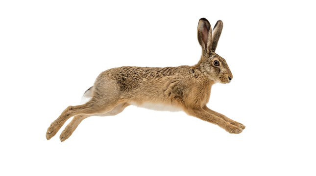 A wild hare leaps mid air against a plain white background showcasing dynamic movement