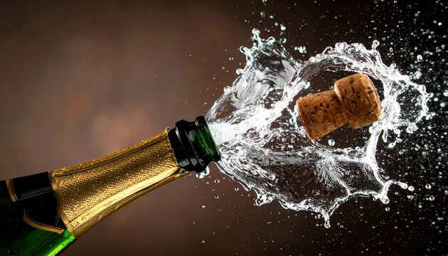 Champagne bottle popping cork with massive liquid splash during elegant formal celebration