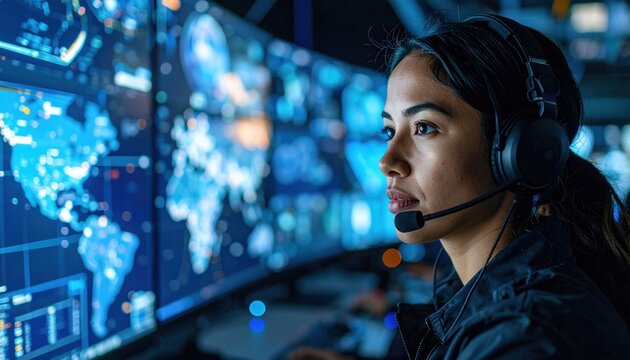 Tactical operator wearing black headset monitoring digital surveillance screens inside futuristic control center