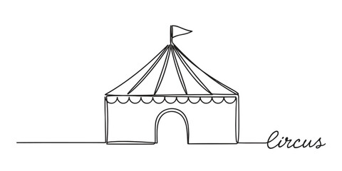 Continuous line drawing of a circus tent with text © MILON ROY