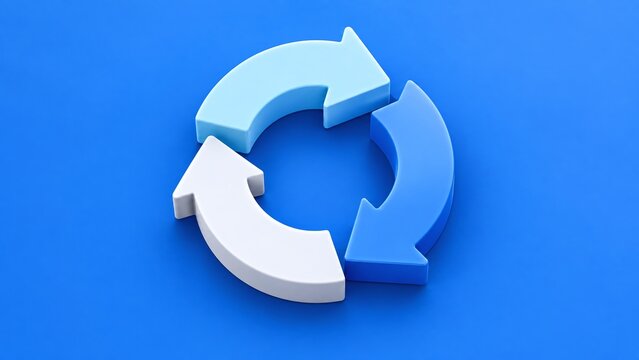 3D illustration of a blue recycling symbol with rotating arrows representing sustainability, circular economy, and environmental protection