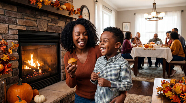 Black mother and son holding pumpkin muffins by fireplace for cozy Thanksgiving home celebration and autumn promotion.