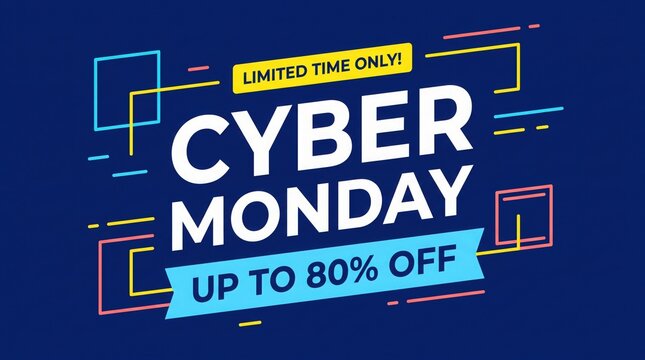 Cyber Monday sale banner with geometric shapes and bold typography