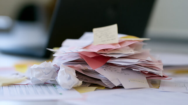 A messy pile of paper receipts, notes, and documents on an office desk with a laptop in the background symbolizing workload and stress